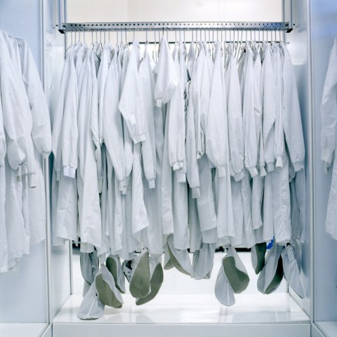 ‘Untitled’, Gowning Room, Building 7 11.02 a.m., Monday, November 11th 2003’ (Leixlip, Ireland) 1m x 1cm Ultrachrome Archival Print, Nails, Bullclipsfrom the project The Breathing Factory (Edition Braus/Belfast Exposed/Gallery of Photography 2006) © Mark Curran